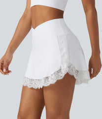 SoftlyZero™ Airy High Waisted Crossover 2-in-1 Lace Hem InstantCool Mini Golf Skirt with Pockets-UPF50+