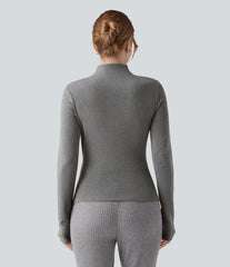 Mock-neck Long Sleeve Ruched Asymmetric Hem Thermal Casual Top