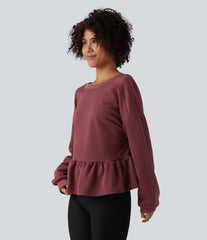 V Back Long Sleeve Ruffle Hem Casual Sweatshirt