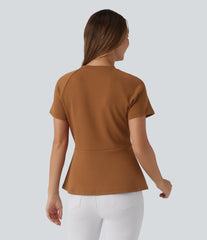 Round Neck Short Sleeve Work Peplum Top