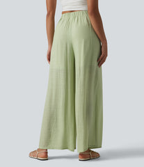 High Waisted Linen-Feel Casual Wide Leg Pants with Pockets