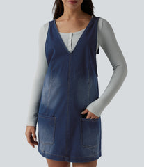 Halara Flex™ V Neck Washed Denim Mini Casual Dress with Pockets