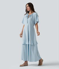 V-neck Short Sleeve Ruffle Tiered Midi Resort Flowy Dress