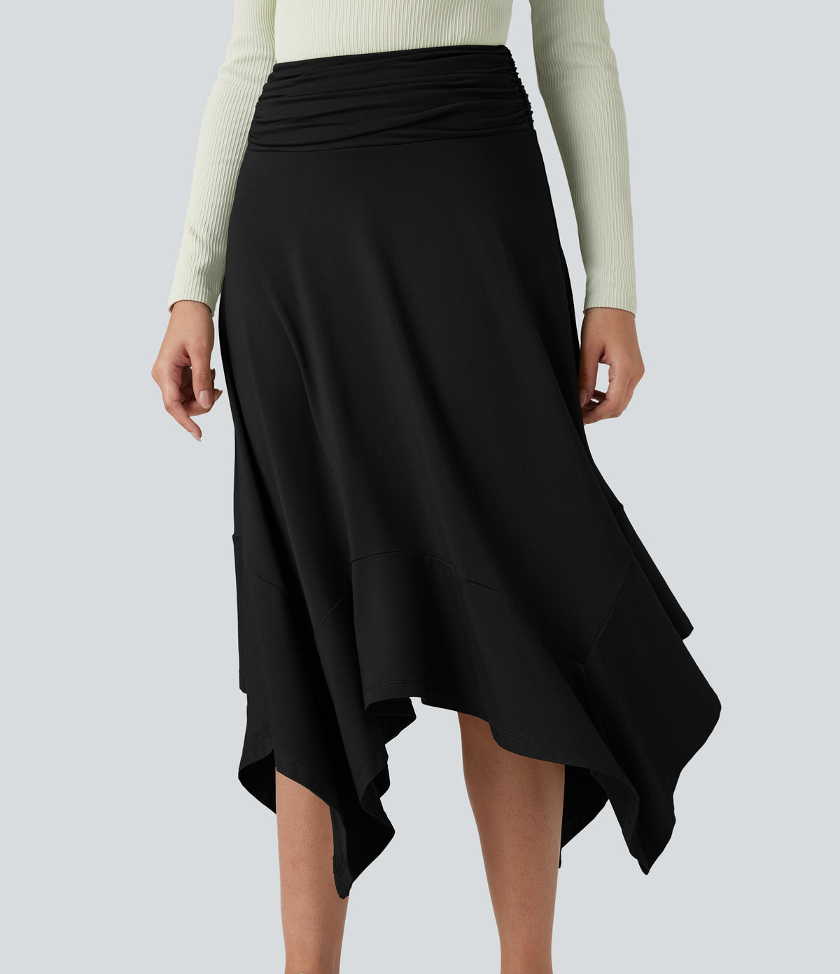 High Waisted Ruched Flowy Midi Casual Skirt