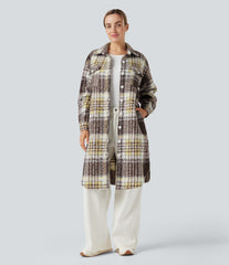 Long Sleeve Plaid Longline Casual Sherpa Jacket with Pockets