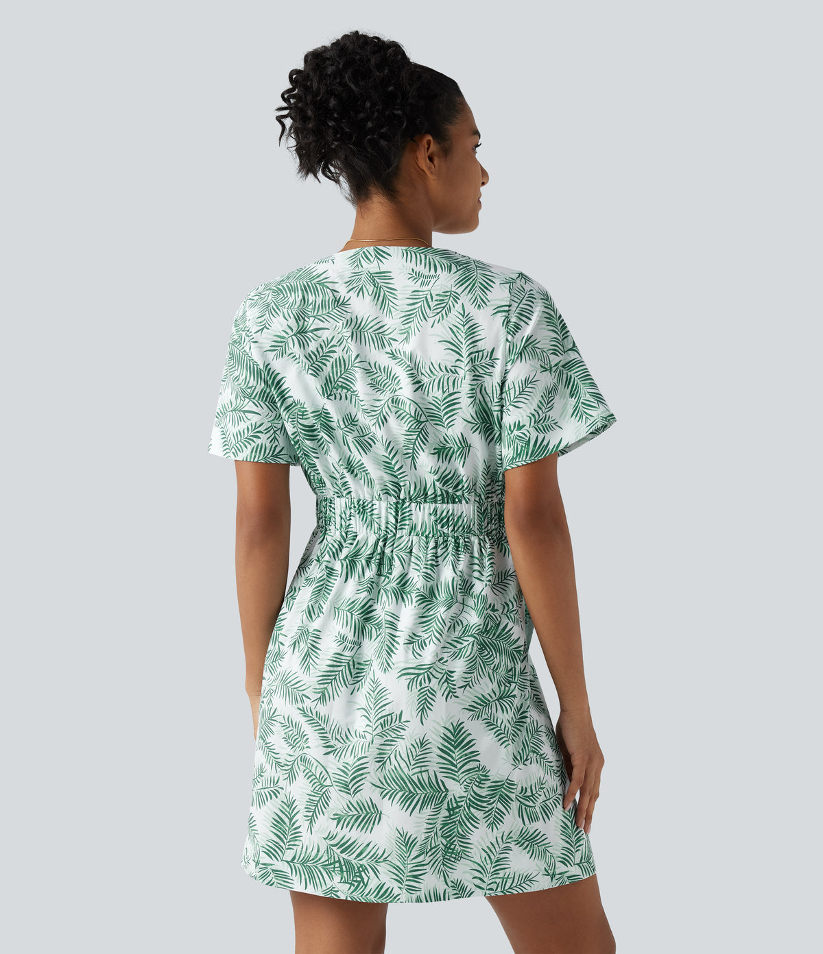 V Neck Half Sleeve Floral Print Mini Casual Dress with Pockets