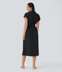 V Neck Short Sleeve Pocket Midi Casual Dress