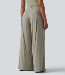 Mid Rise Belted Wide Leg Casual Linen-Feel Pants with Pockets