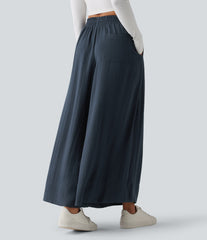 High Waisted Inner Drawstring Flowy Wide Leg Casual Linen-Feel Pants with Pockets