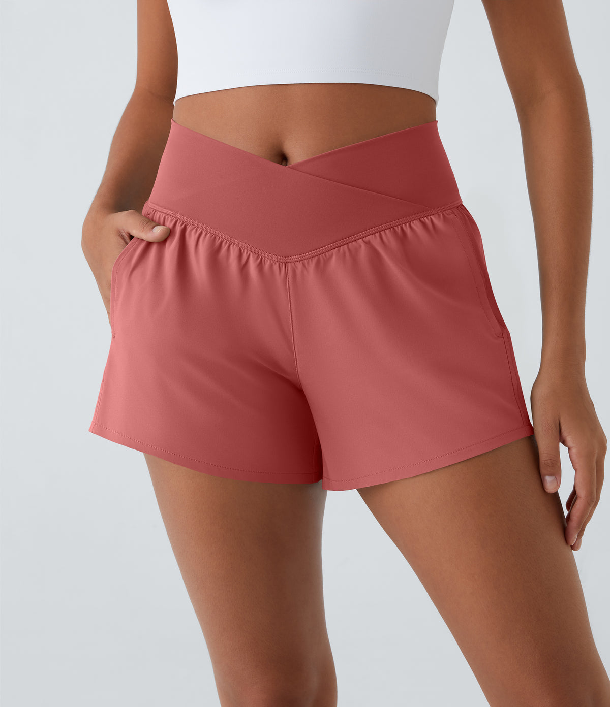 Breezeful™ High Waisted Crossover Pocket 2-in-1 Quick Dry Yoga Shorts 4"