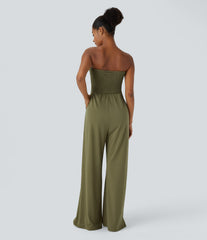Tube Shirred Knot Pocket Wide Leg Casual Jumpsuit