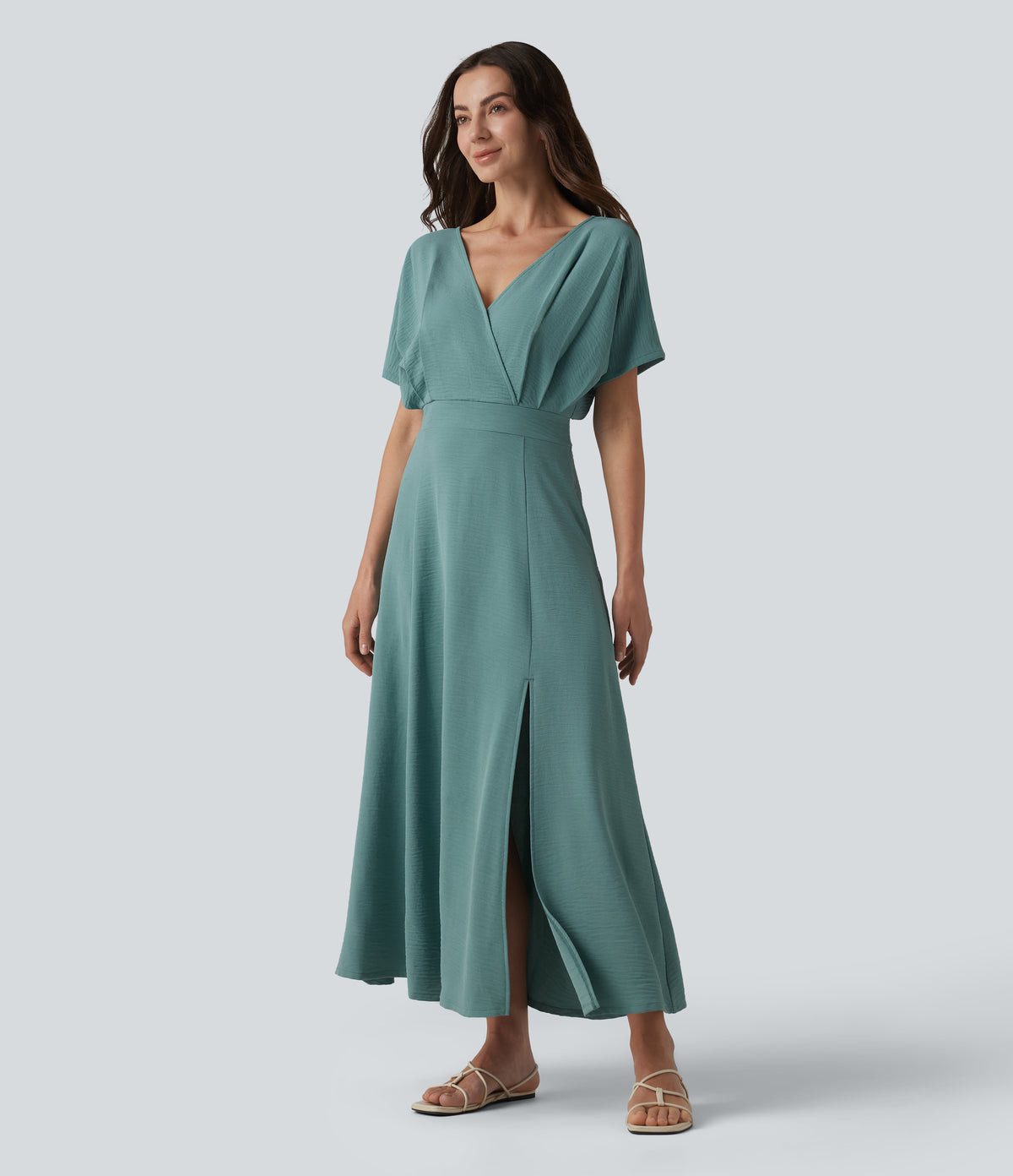 V Neck Short Sleeve Midi Casual Linen-Feel Dress with Pockets