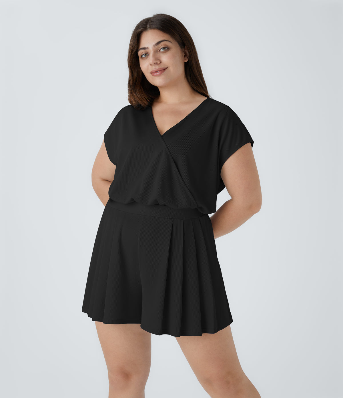 V Neck Short Sleeve Pocket Waffle Casual Plus Size Jumpsuit
