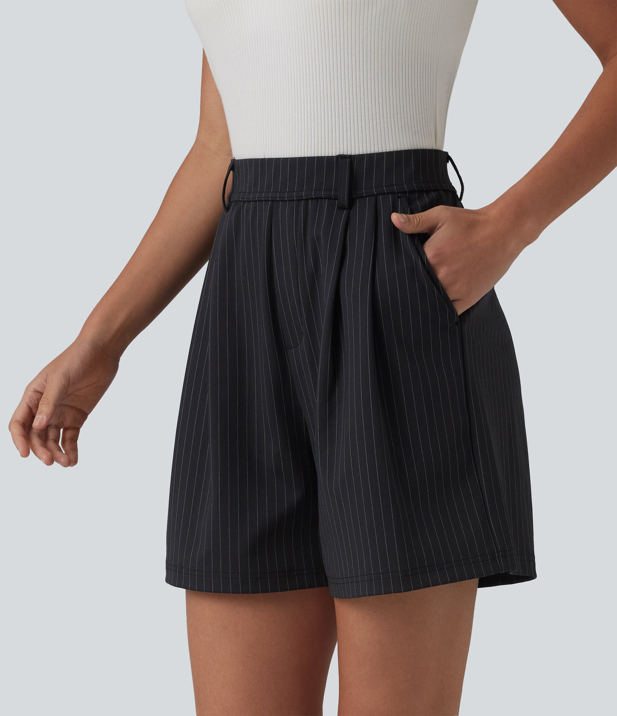 High Waisted Pleated Stripes Work Shorts with Pockets