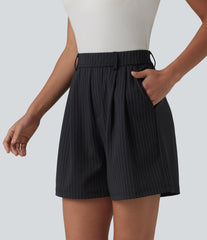 High Waisted Pleated Stripes Work Shorts with Pockets