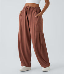 Mid Rise Elastic Waistband Drawstring Pocket Palazzo Flowy Wide Leg Baggy Casual Pants