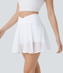 Crossover High Waisted 2-in-1 Pocket Perforated Flare Mini Yoga Skirt