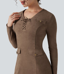 Lace-up V-neck Long Sleeve Midi Suede Work Dress