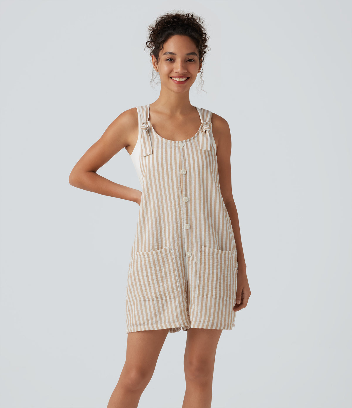 Knot Strap Stripe Casual Linen-Feel Short Overalls with Pockets