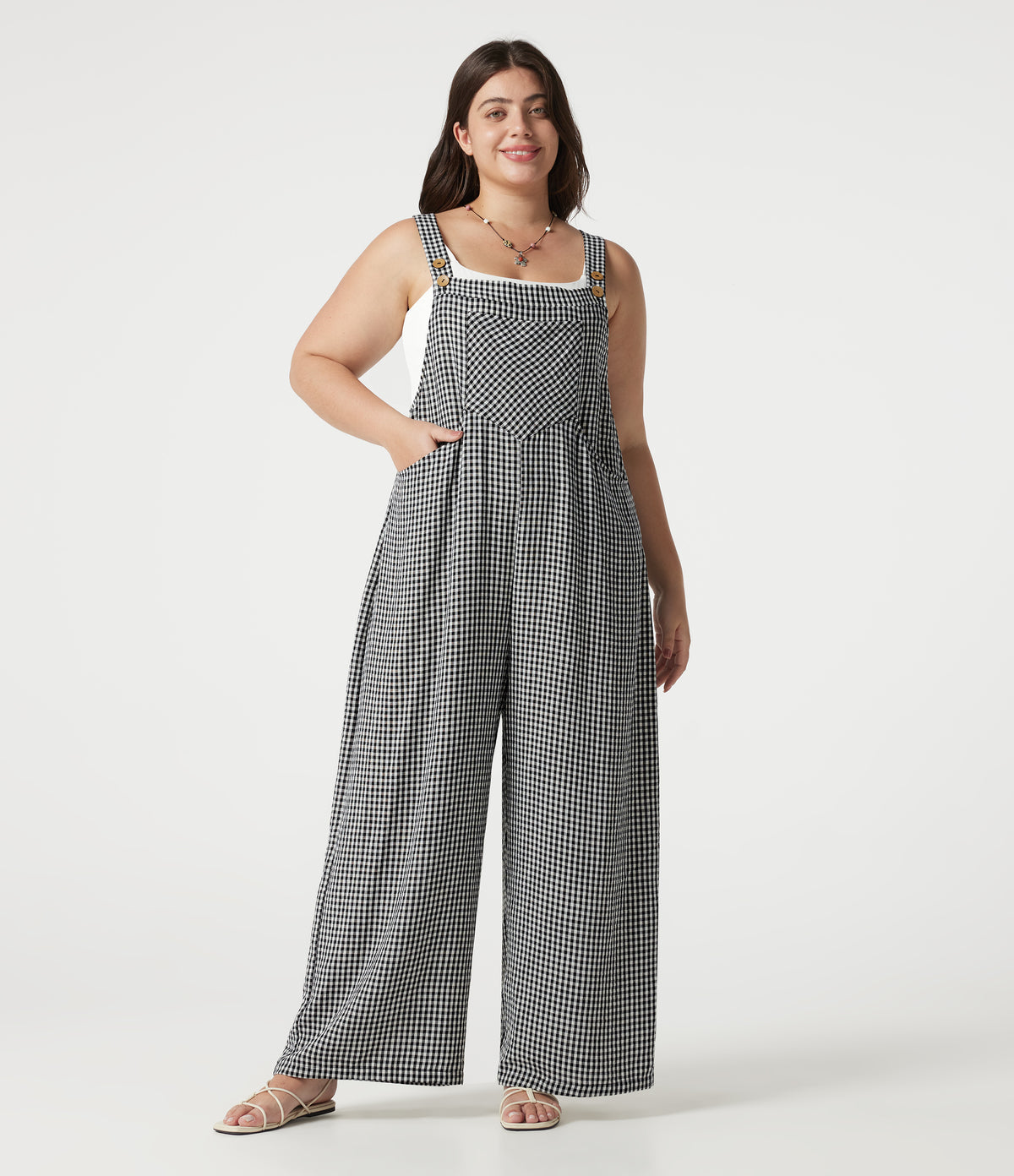 Plus Size Plaid Casual Linen-Feel Overalls with Pockets