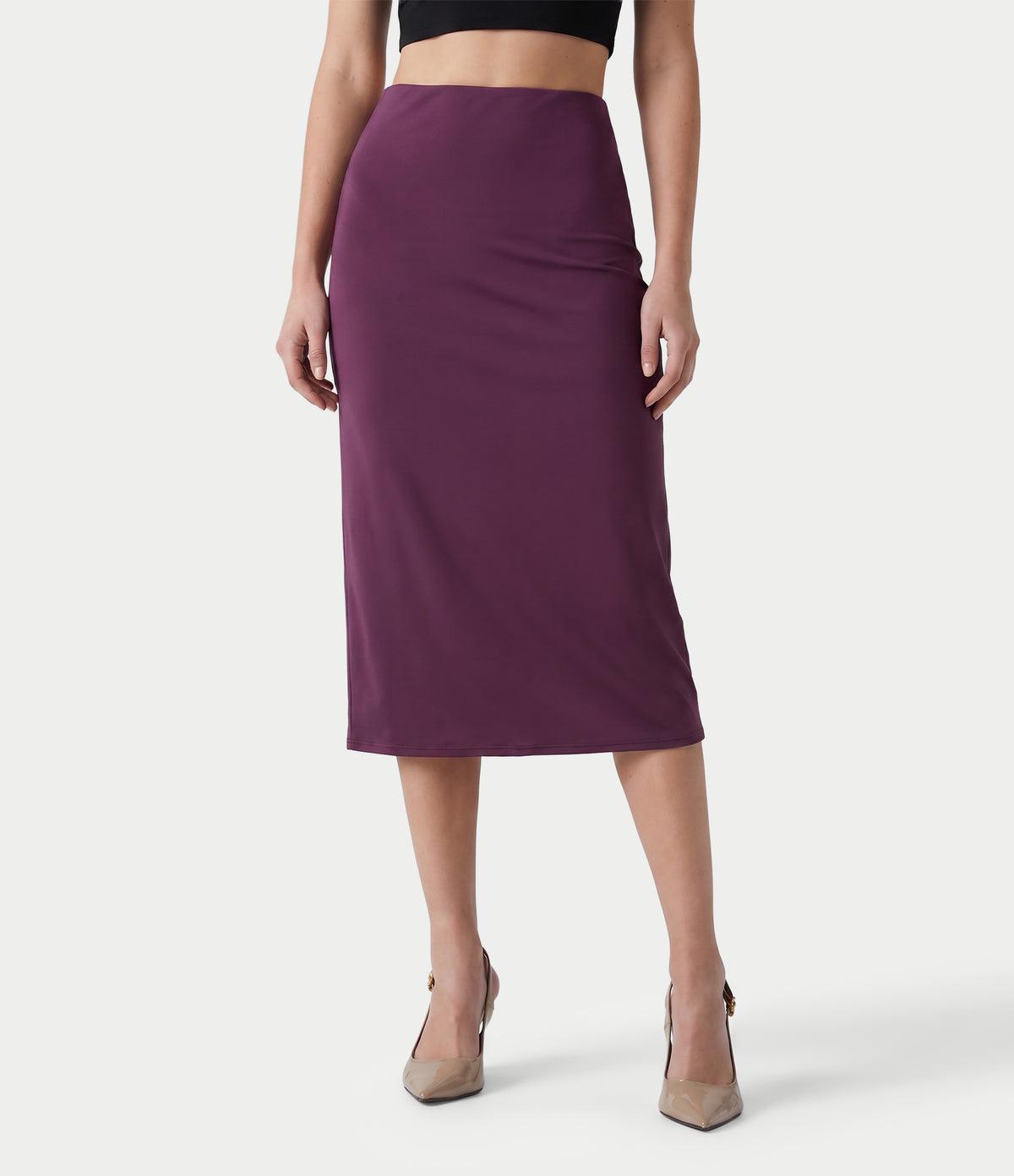 High Waisted Ruched Stretchy Satin-Like InstantCool Midi Casual Pencil Skirt
