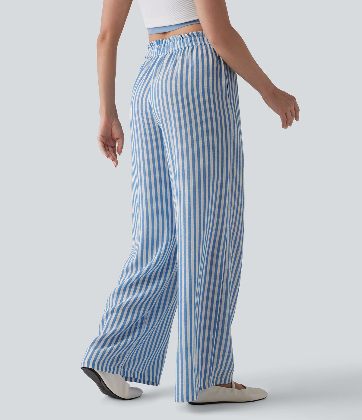 High Waisted Drawstring Wide Leg Stripe Casual Linen-Feel Pants with Pockets