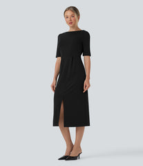 Rounded Neckline Short Sleeve Split Work Dress