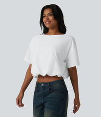 Durable Water Repellent Round Neck Short Sleeve Bubble Hem Casual Top