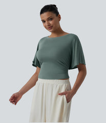 Boat Neck Ruffle Short Sleeve Tie Back Casual Top