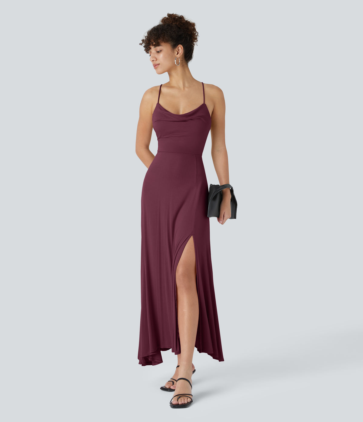 Ribbed Cowl Neck Lace Up Midi Dress