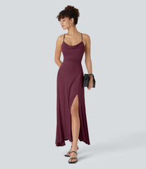 Ribbed Cowl Neck Lace Up Midi Dress