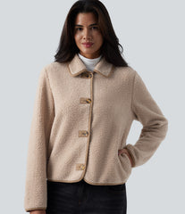 Collar Long Sleeve Casual Sherpa Jacket with Pockets
