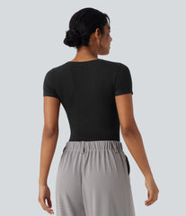 Ribbed Knit V-neck Short Sleeve Work Bodysuit