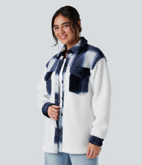 Long Sleeve Plaid Color Block Casual Sherpa Jacket with Pockets