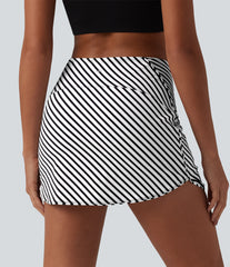 High Waisted 2-in-1 Curved Hem Stripe Mini Tennis Skirt with Pockets