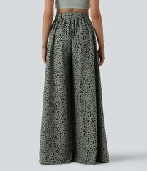 High Waisted Tie Front Wide Leg Baggy Leopard Print Casual Pants with Pockets