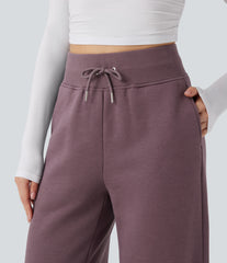 High Waisted Drawstring Split Hem Wide Leg Casual Fleece Pants with Pockets
