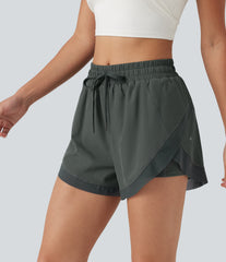 Mid Rise Drawstring Curved Hem Contrast Mesh 2-in-1 Running Shorts 3'' with Pockets