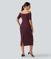 Off Shoulder Short Sleeve Bodycon Midi Dress
