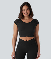 SoftlyZero™ Contrast Lace Crossover Hem Cropped Yoga Sports Top-UPF50+