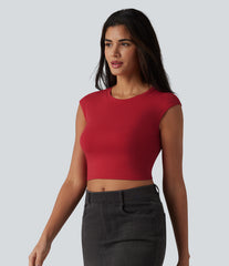 Round Neck Cap Sleeve Cropped Casual T-Shirt