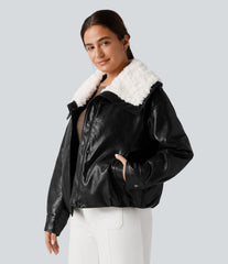 Faux Fur Collar Zip Fly Casual Faux Leather Jacket with Pockets