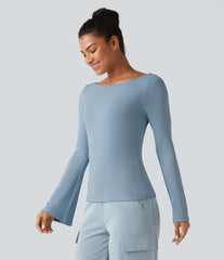 Ribbed Knit Boat Neck Bell Long Sleeve Casual Top