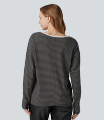 V-neck Long Sleeve Stripes Casual T-Shirt