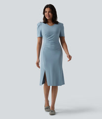 V Neck Short Sleeve Midi Casual Dress