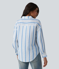 Collar Long Sleeve Stripes Linen-Feel Casual Shirt