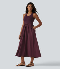 U Neck Midi Casual Dress with Pockets