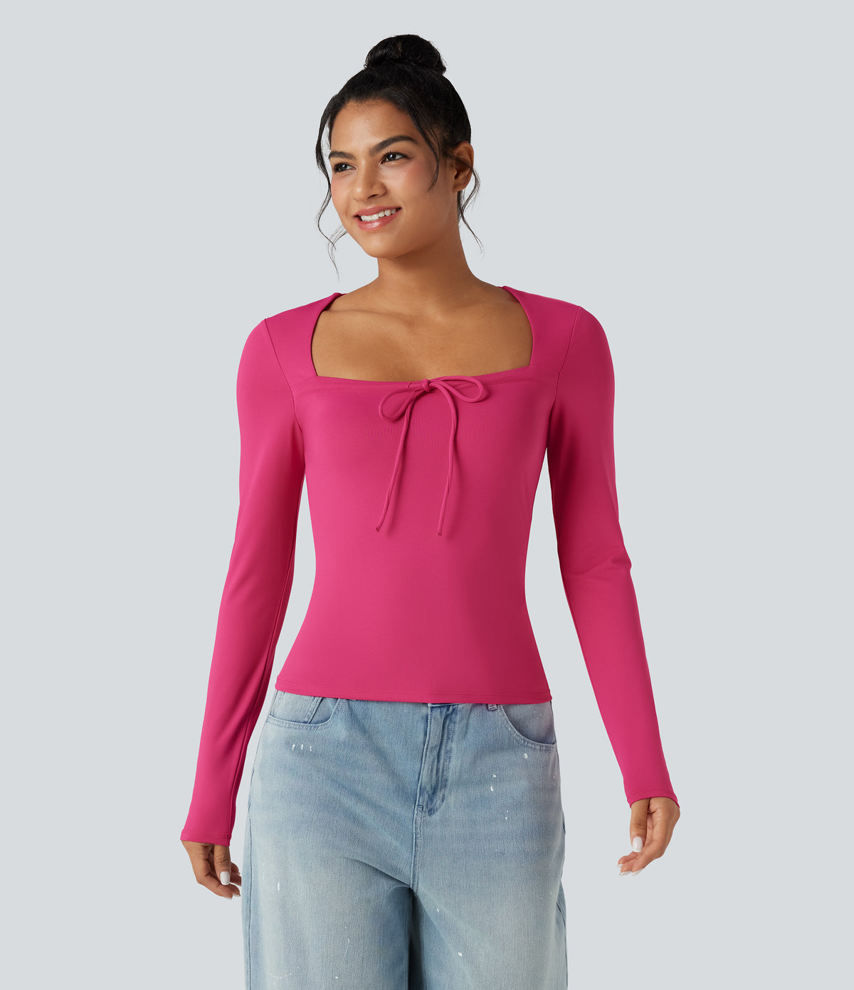 Square Neck Lace Up Long Sleeve Casual Top