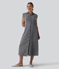 Sleeveless Midi Work Linen-Feel Shirt Dress