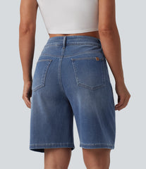 Halara Flex™ Asymmetric High Waisted Washed Denim Casual Bermuda Shorts 9'' with Pockets